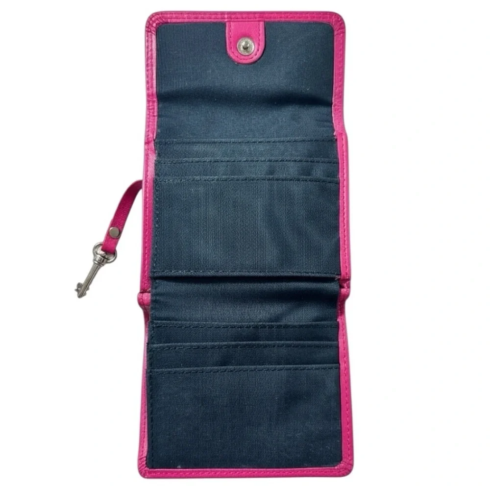 FOSSIL Genuine Leather Mini Bifold Silver Snap Wallet in Fuchsia - Vintage; EUC